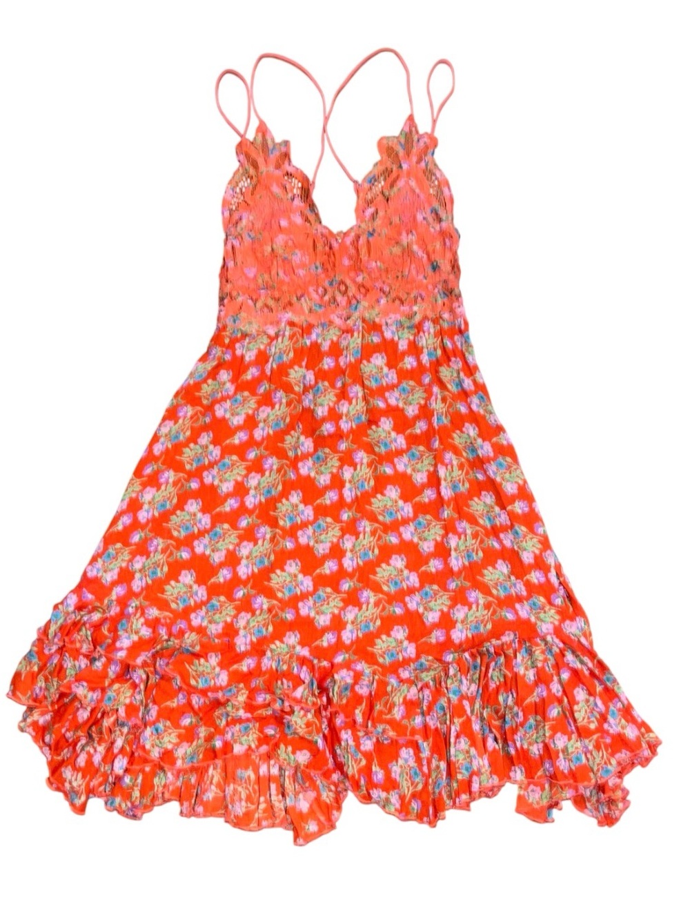 Free People FP One Red Lace Adella Sun Dress NWOT XS Floral Ruffle Festival Boho